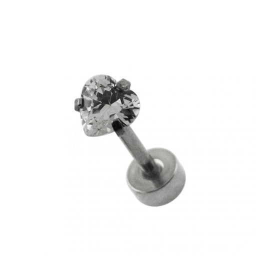 Surgical Steel Tragus Bar with Clear Heart Gem Top and Disc Base - Monster Piercing