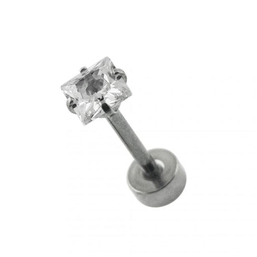 Surgical Steel Tragus Bar with Clear Square Gem Top and Disc Base - Monster Piercing