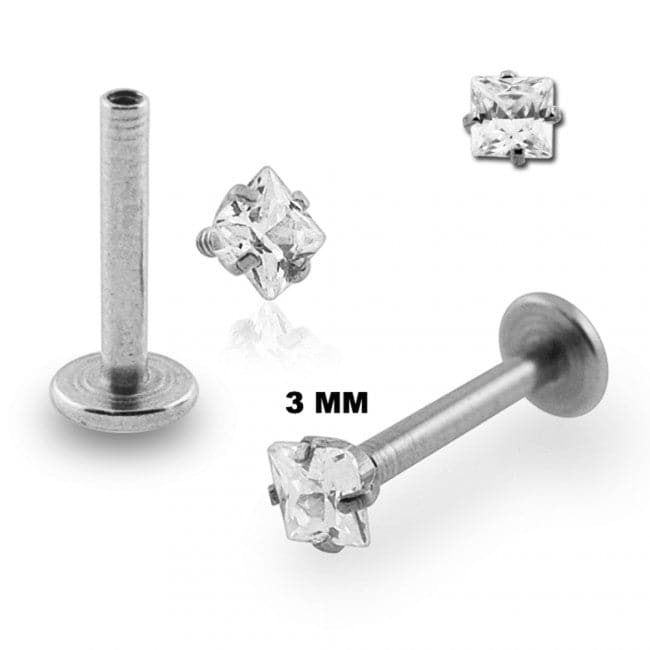 Surgical Steel Internal Threaded Madonna Labret with Square Jeweled Top - Monster Piercing