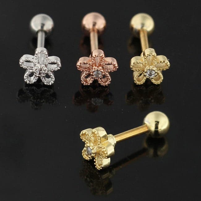 Cartilage Helix Tragus Piercing Center Jeweled Flower Ear Stud - Monster Piercing