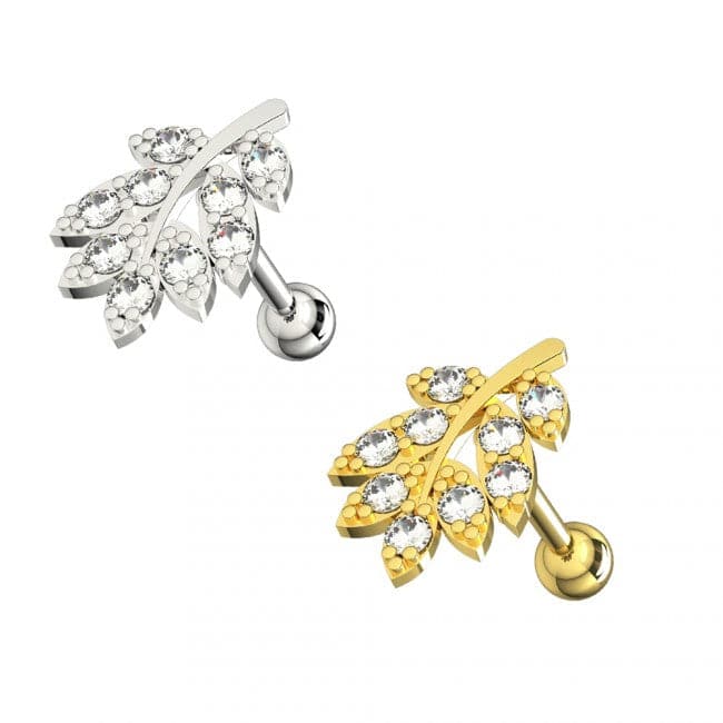 Jeweled Leaf Surgical Steel Cartilage Helix Tragus Piercing Ear Stud - Monster Piercing