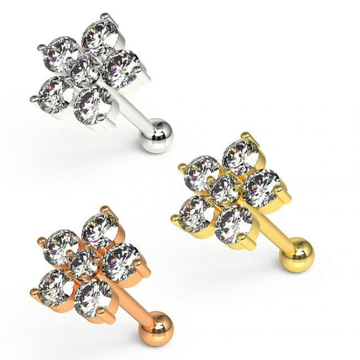 Jeweled 6 Stone Flower Helix Tragus Piercing Ear Stud - Monster Piercing