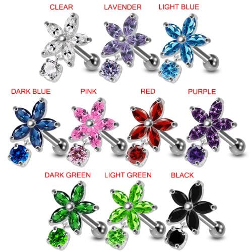 925 Sterling Silver Jewelled Flower with Hanging Stone Cartilage Tragus Piercing - Monster Piercing