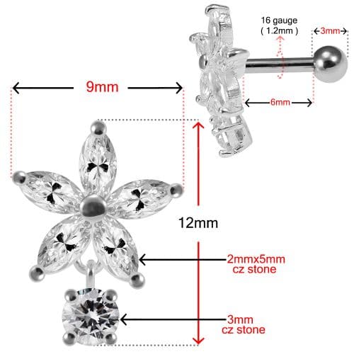 925 Sterling Silver Jewelled Flower with Hanging Stone Cartilage Tragus Piercing - Monster Piercing