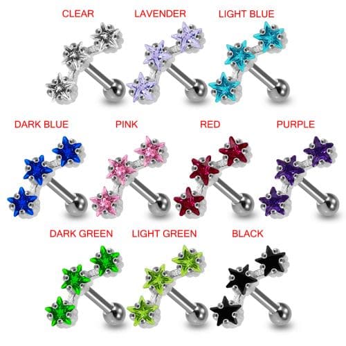 Sterling Silver Tri-Star Jewelled Cartilage Helix Tragus Piercing Ear Stud - Monster Piercing