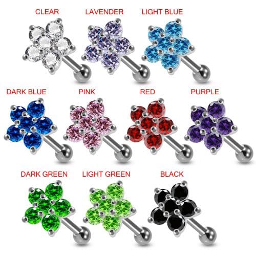 925 Sterling Silver CZ Jewelled Flower Cartilage Tragus Piercing Ear Stud - Monster Piercing